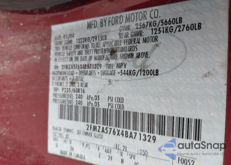 2004 Ford Freestar Ses z USA, uszkodzony, nr VIN 2FMZA576X4BA71329